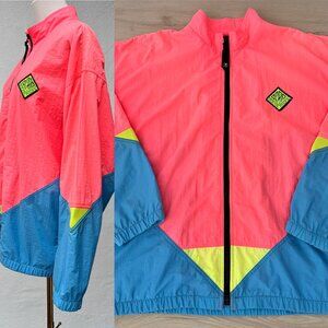 Vintage 80s Ocean Pacific Women's Size 16/XL Neon Pink Color-block Windbreaker